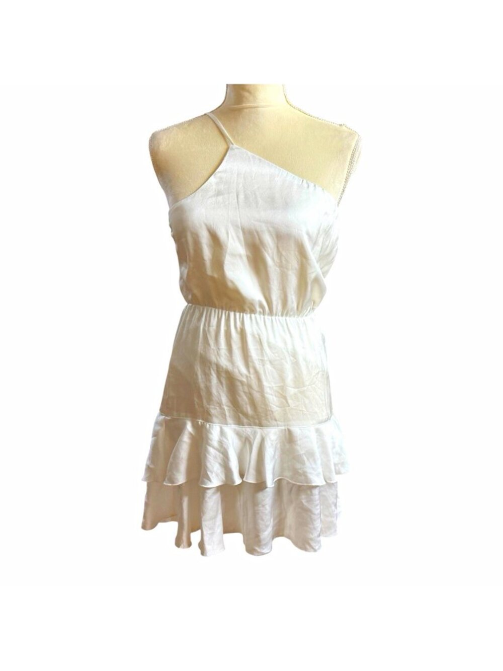 Mumu White Satin One-Shoulder Ruffle Mini Dress - size S